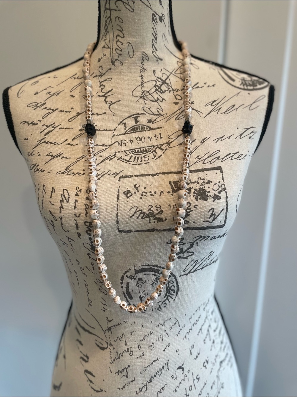 Handcrafted Cream/Beige and Black Skull Beaded Necklace